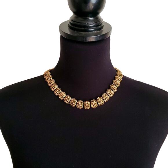 Ornate Antique Gold Tone Collar Necklace Panel Filigree Chunky Victorian Revival - Picture 9 of 9